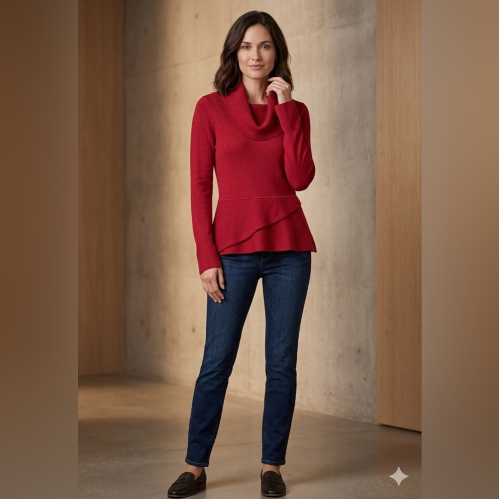 White House Black Market Cowl Neck Peplum Sweater - Raspberry Red - Size Large - Picture 1 of 9
